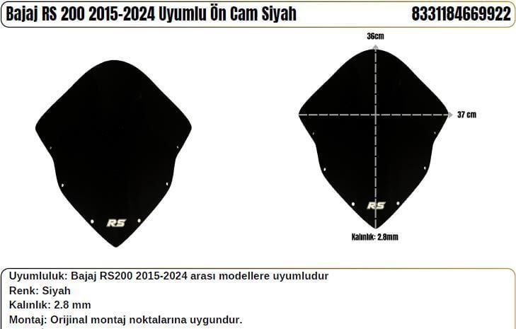Bajaj Pulsar RS 200 Siyah (2015-24) Siperlik Camı