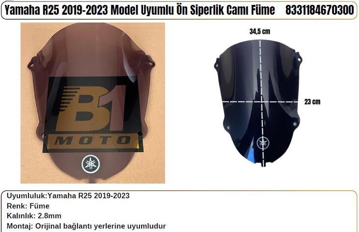 Yamaha R25 Siyah (2019-23) Siperlik Camı