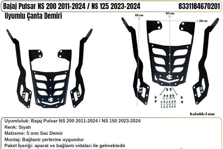 Bajaj Pulsar NS 200 2011-2024 Uyumlu- NS 125 2023-2024 Uyumlu Çanta Demiri Siyah 5 mm