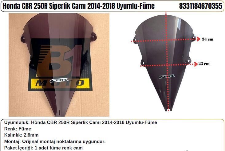 Honda CBR 250R Füme (2014-18) Siperlik Camı
