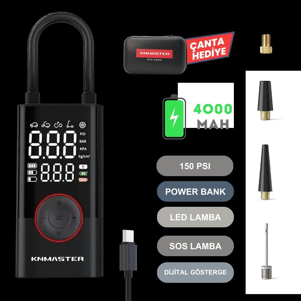 Knmaster LP200 – 150 PSI Dijital Göstergeli Şarjlı Hava Pompası